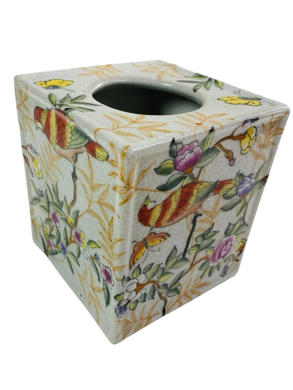 Chinoiserie Tole Bird Ceramic Tissue Box Cover